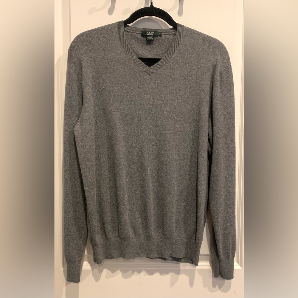 100% Pima Cotton V-Neck Mens Sweater Size Medium Gray Long Sleeve